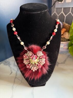 Vintage Red Floral Faux Fur Pendant Necklace - Women's Statement Jewelry 24 in.